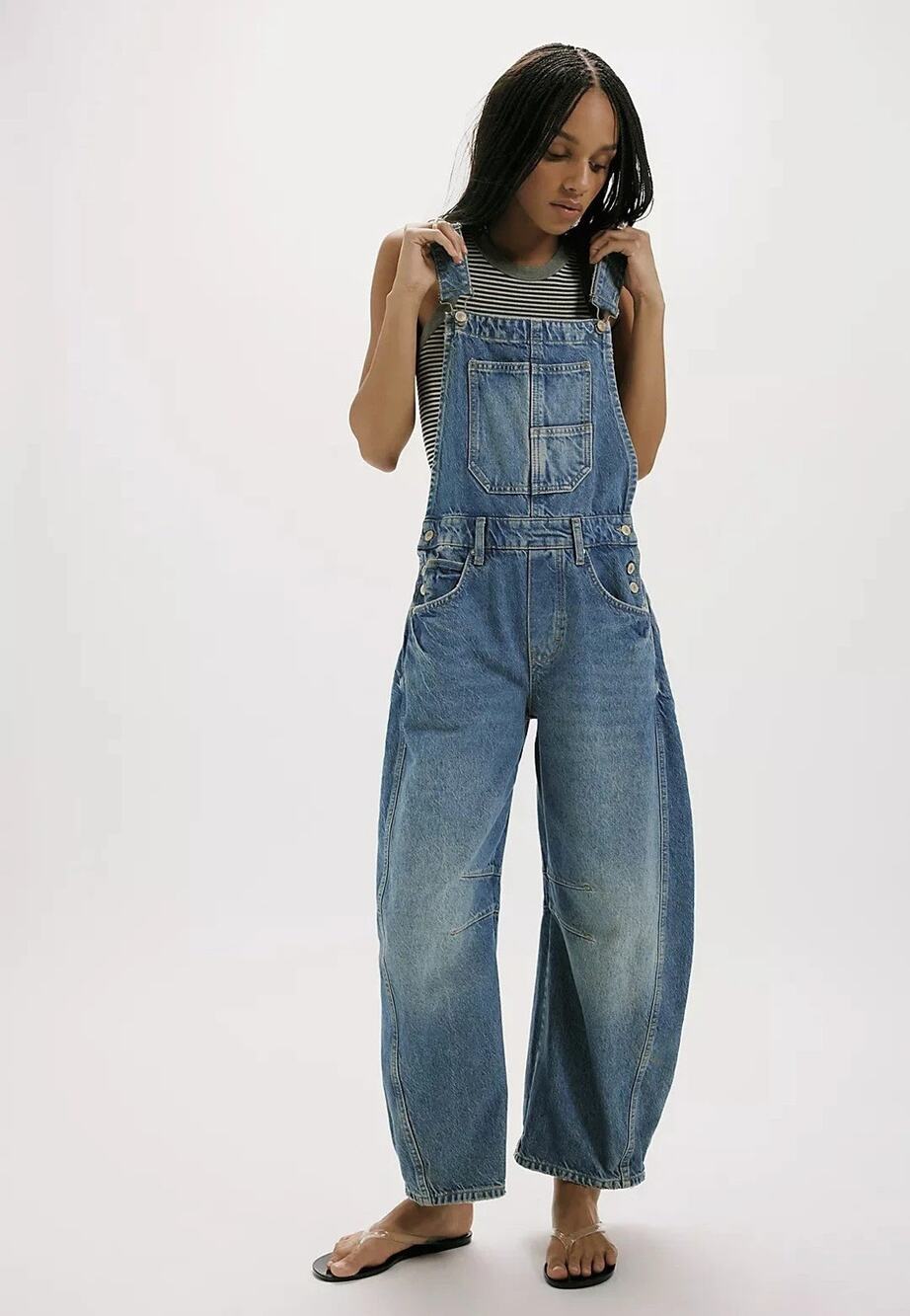 Free People Good Luck Barrel Overalls Ultra Light Beam XL Denim NWT $148